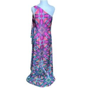 Laundry by Shelli Segal Pink Teal Snakeskin One Shoulder Maxi Dress Size 8